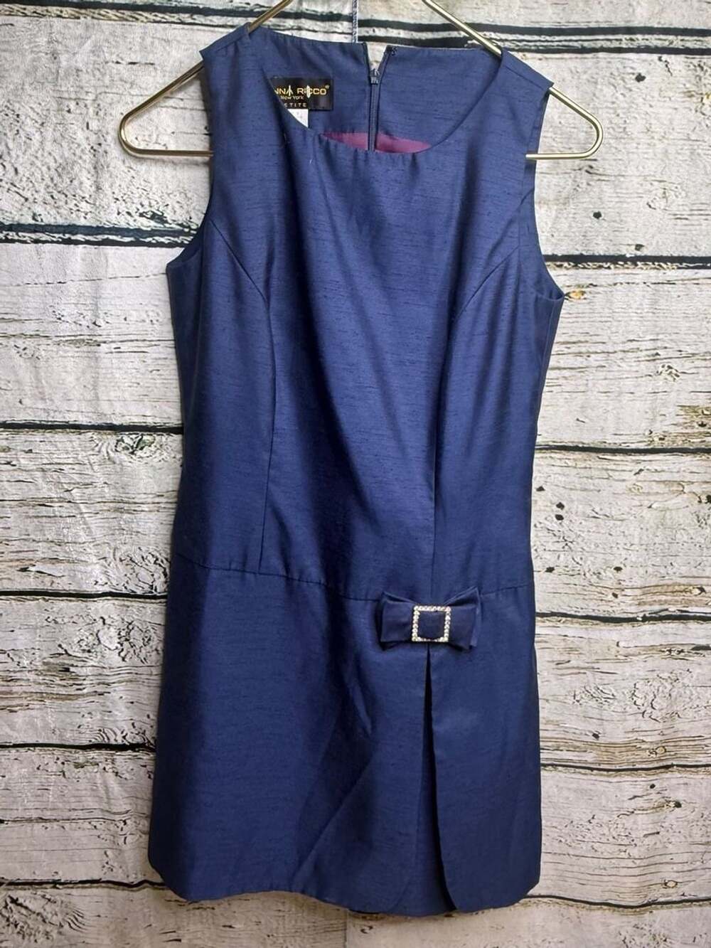 Donna Ricco  2  Petite Dress Navy Blue Sleeveless with Bow Rhinestone Buckle